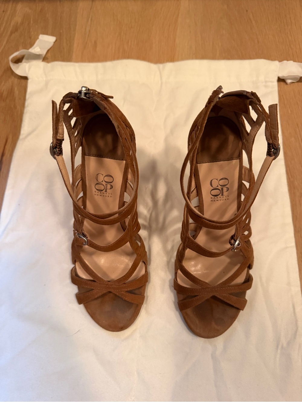 Barneys New York CO-OP Brown Suede Strappy Wedge Gladiator Sandals